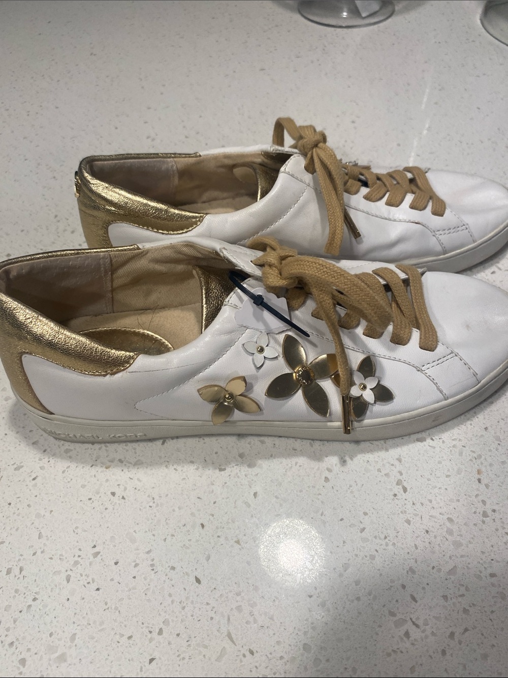 Michael Kors White Leather Sneakers with Gold Floral Accents